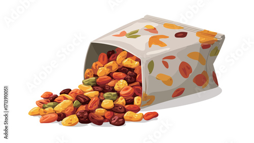 A high-angle, close-up studio shot depicts a white pouch with an autumn leaf pattern, partially filled with a colorful snack mix. The snack mix consists of small, irregularly shaped