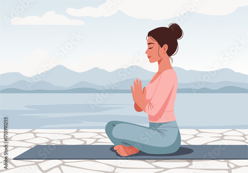 Serene woman practicing tranquil yoga outdoors, embracing mindfulness and inner peace by a calm lake