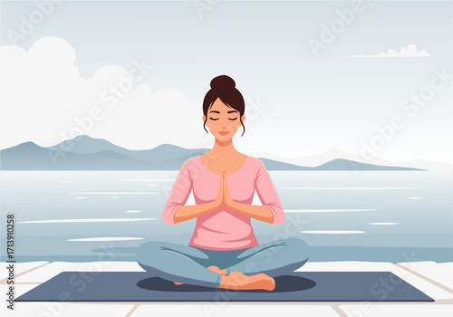 Woman finding tranquility through outdoor meditation, embracing peace and mindfulness by water