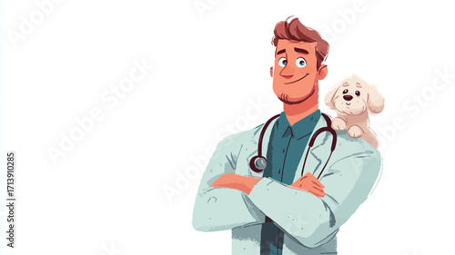 A digital illustration depicting a cartoon-style male veterinarian with a small white dog perched on his shoulder. The veterinarian is depicted with arms crossed, smiling