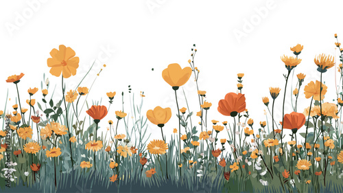 A digital illustration depicting a horizontal border of wildflowers against a white background. The illustration features a variety of wildflowers in shades of orange, yellow
