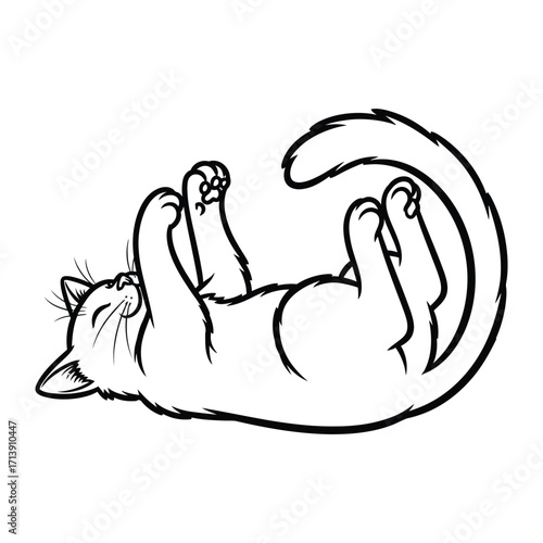 Playful Cat Resting: Capturing the carefree spirit of a relaxed feline, this black and white illustration presents a content cat lounging on its back, exhibiting tranquility and domestic charm.