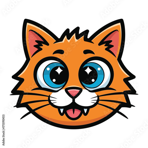 Playful Feline Illustration: A vibrant cartoon cat with an orange coat, striking blue eyes, and a happy expression, ready to bring joy and warmth to any project.