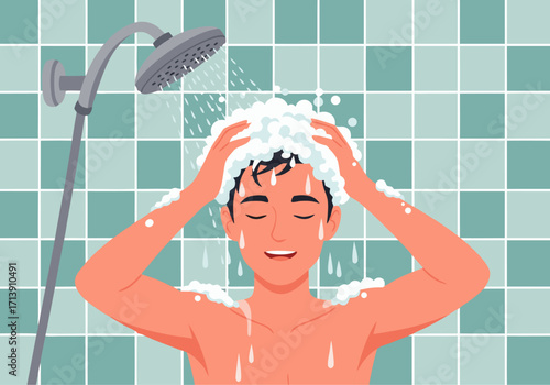 Enjoying Shower Freshness A Man's Relaxing Moment with Water and Foaming Soap
