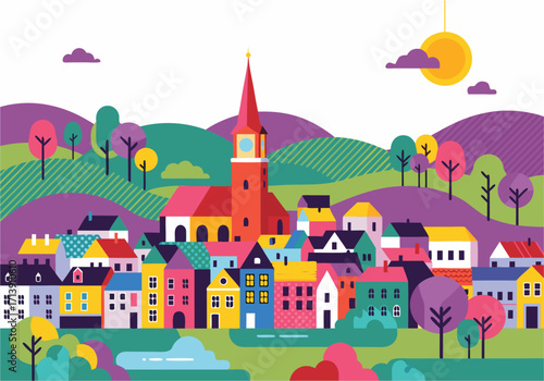 Vibrant village illustration depicting picturesque European architecture nestled within scenic green hills