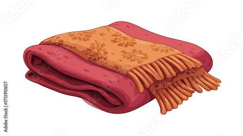A digital illustration of a folded knit blanket. The blanket is primarily red with an orange patterned section featuring a floral or paisley design. The orange section has fringe along