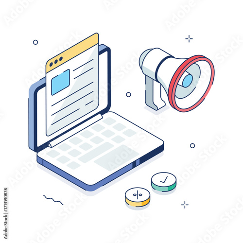 Isometric illustration of a laptop and a megaphone, symbolizing digital content marketing.