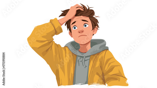 Digital illustration of a young man with brown hair, wearing a yellow jacket over a gray hoodie. He is shown from the chest up, with his hand on his head, exhibiting a pensive expression.
