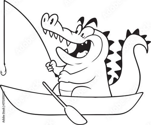 Alligator Crocodile fishing on a boat - outline silhouette