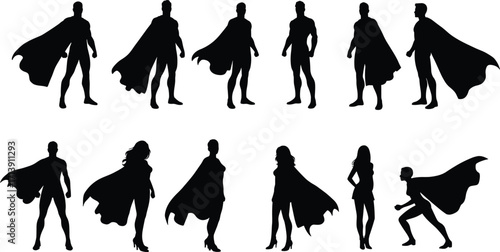 Superhero Silhouettes Set, Male and Female Heroes, Cape Flying, Action Poses, Vector Black Outlines, Comic Style, Heroic Figures, Superpower Concept, Dynamic Stance, Isolated on White