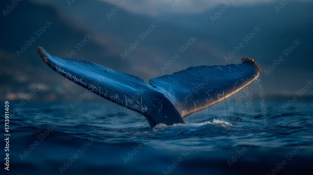 Fototapeta premium Whale fluke diving into ocean water at sunset