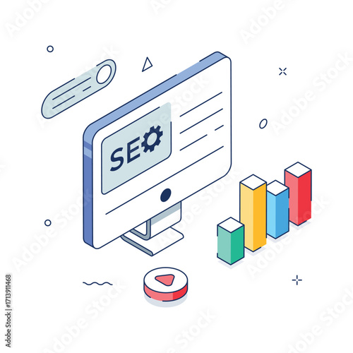 SEO marketing concept isometric illustration with search and growth metrics