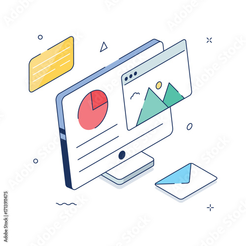Digital Marketing Analytics Isometric Illustration with Computer Dashboard