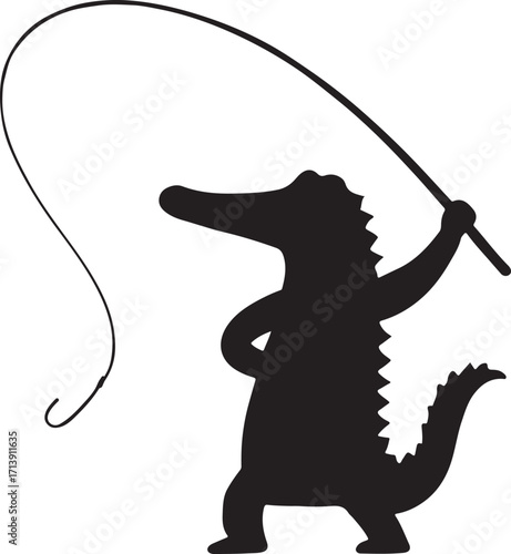 Alligator Crocodile fishing on a boat silhouette