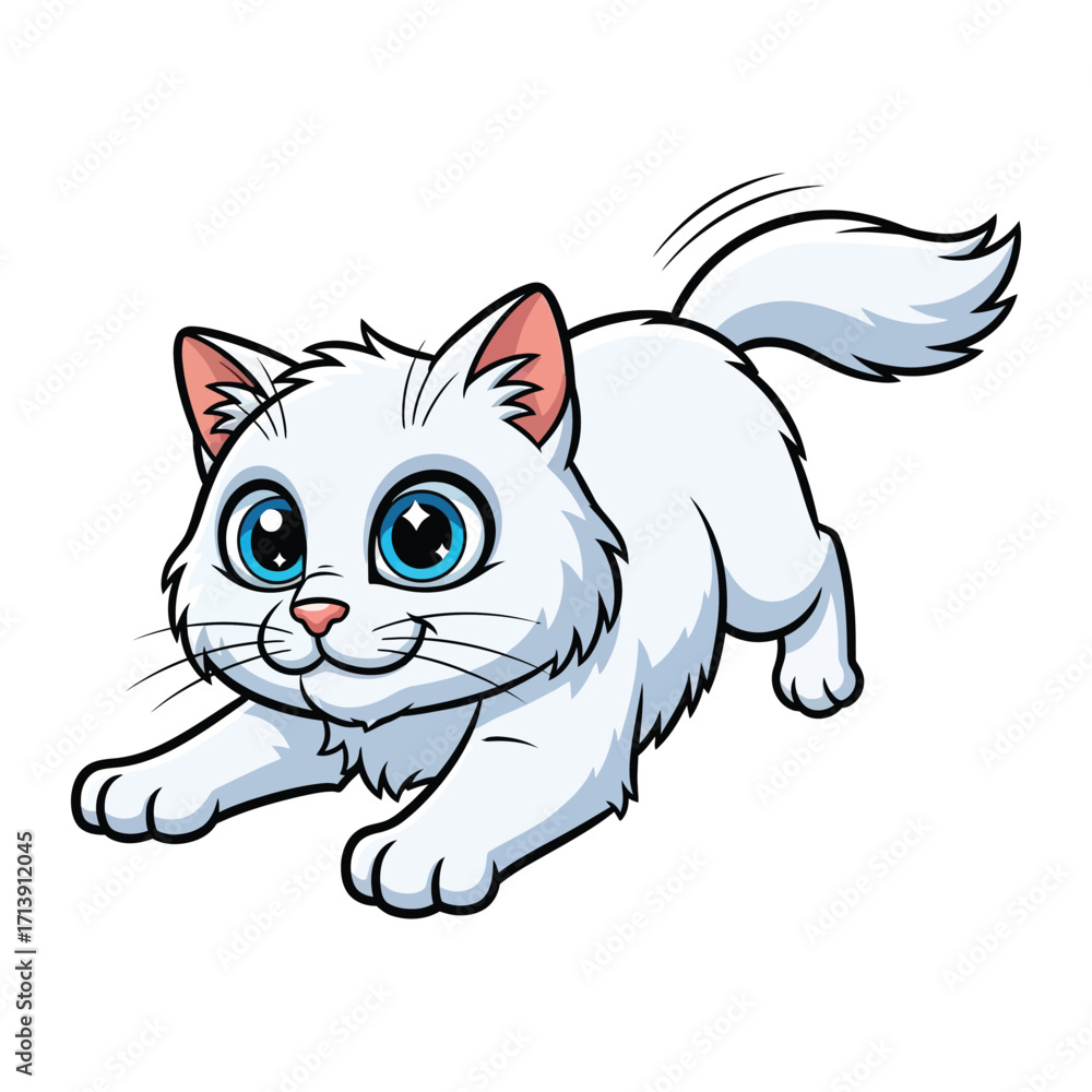 Obraz premium Playful Feline: A charming animated white cat with big blue eyes leaps with a joyful bounce. Perfect for adding a touch of happiness to any project.