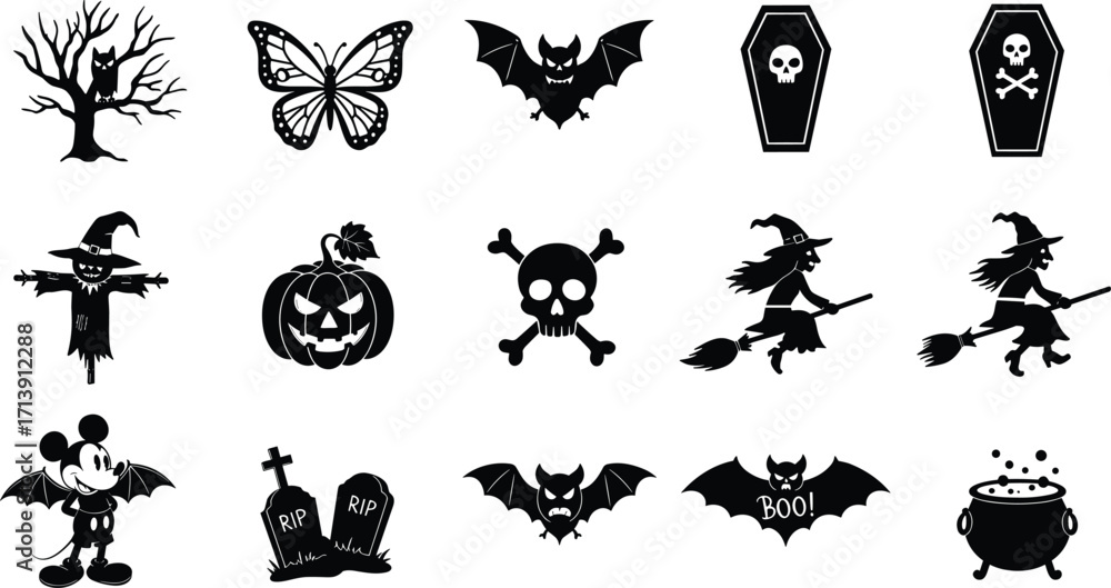 Naklejka premium Halloween Icons, Spooky Symbols, Black Silhouettes, Witch, Bat, Pumpkin, Coffin, Ghost, Scarecrow, Fun Seasonal Design - Cad Drawing Flat Vector Illustration