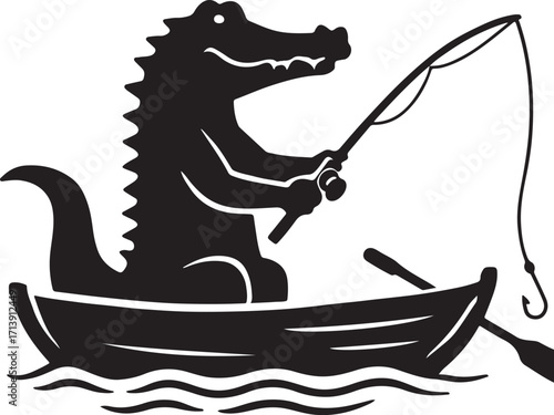 Alligator Crocodile fishing on a boat silhouette