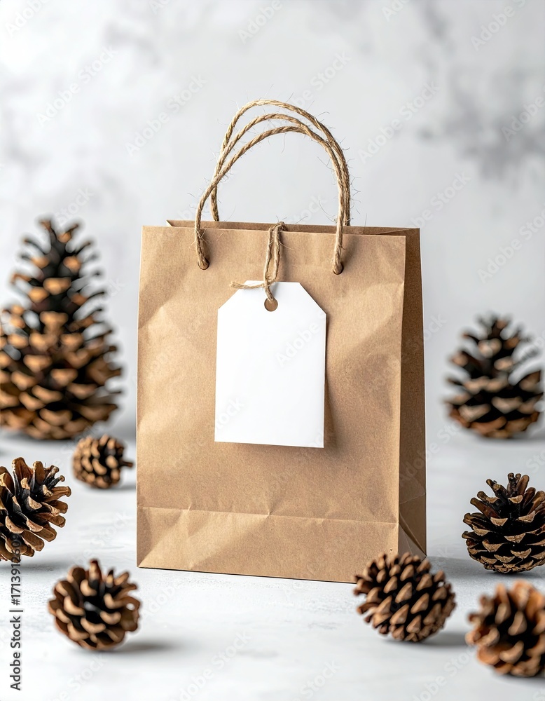 Fototapeta premium Rustic brown paper gift bag with blank white tag surrounded by natural pine cones