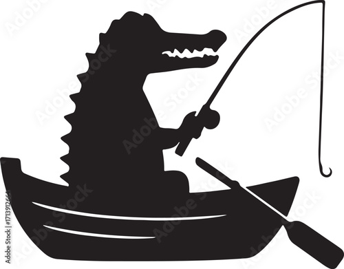 Alligator Crocodile fishing on a boat silhouette