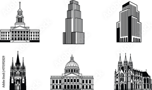 Architectural landmarks vector set, classical buildings, skyscrapers, gothic cathedrals, CAD drawing, black and white, flat vector illustration