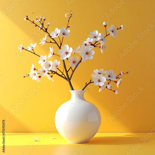 Delicate white cherry blossoms in a modern ceramic vase against a vibrant yellow background.
