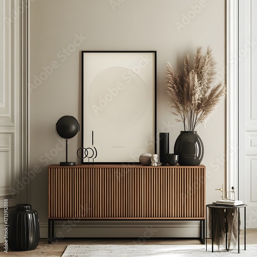 Elegant Scandinavian living room interior showcasing warm wooden textures, airy space, and stylish décor, modern living room