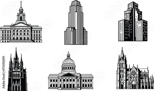 Collection of famous architectural landmarks in vector, historical buildings, cathedrals, skyscrapers, CAD drawing, flat style vector illustration