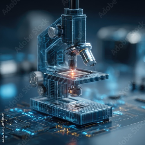 Close-up of a futuristic microscope on a circuit board