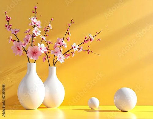 Pink Cherry Blossoms in White Vases on Yellow Background