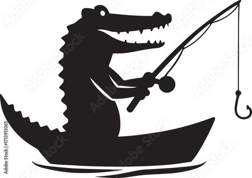 Alligator Crocodile fishing on a boat silhouette