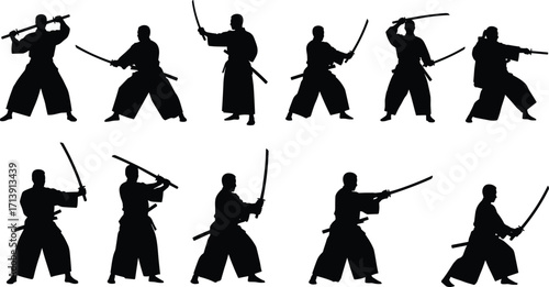 Silhouette martial arts poses with katana, Japanese samurai sword fighting stances, vector flat illustration for CAD drawing, training concept