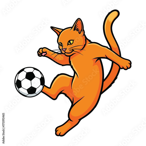 Soccer Cat Play: A playful cartoon cat, with bright orange fur, skillfully kicking a soccer ball, capturing the energetic spirit of sports in a vibrant, lively illustration.