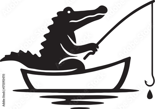 Alligator Crocodile fishing on a boat silhouette