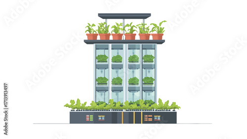 Illustration of a vertical hydroponic farming system. The image shows a tall, tower-like structure with multiple levels of plants growing in individual pots within transparent containers. 