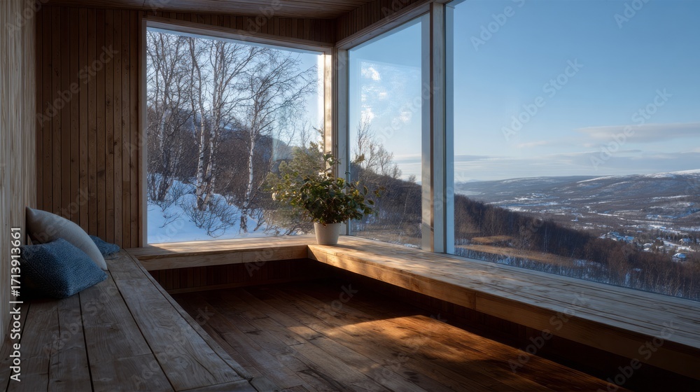 Fototapeta premium Cozy wooden nook with panoramic alpine views, inviting winter solstice meditation and hygge-inspired tranquility, Scandi tranquility envelops