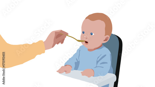 A digital illustration depicting a baby sitting in a high chair being fed by an unseen hand holding a spoon.  The baby is light-skinned with blonde hair and blue eyes, wearing a light blue outfit.