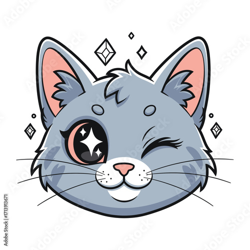Playful Cat Wink: A charming and adorable cat head winks, with expressive eyes and a cute smile, surrounded by sparkling elements, a perfect expression of joy and humor.