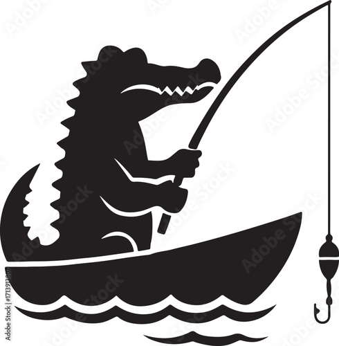 Alligator Crocodile fishing on a boat silhouette