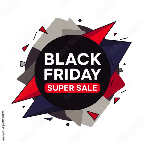 Black Friday Super Sale Promotional Graphic with Geometric Shapes and Explosive Design Elements