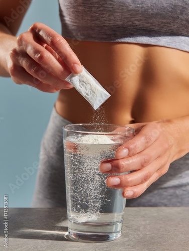 Woman preparing nutritional supplement drink for wellness