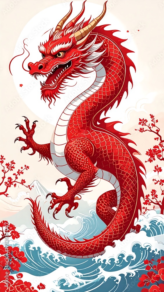 Obraz premium Fierce red dragon soaring over stylized water and mountains