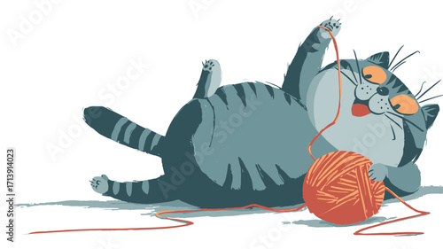 A digital illustration of a large, grey tabby cat playfully interacting with a ball of orange yarn. The cat is depicted in a cartoon style, with exaggerated features.  It is lying on its side, one