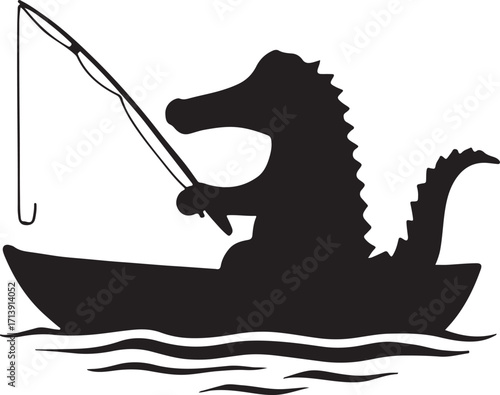Alligator Crocodile fishing on a boat silhouette