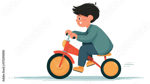 A digital illustration depicting a young boy with dark hair and a teal shirt happily riding a red tricycle with yellow wheels. The style is cartoonish and colorful, with a flat, slightly textured