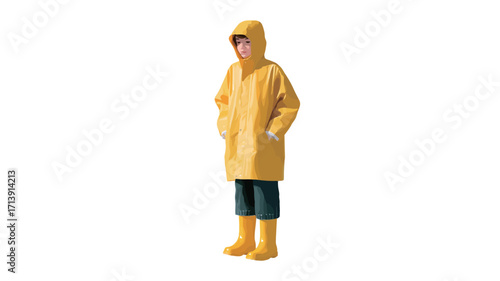 A full-body studio shot against a white background shows a child wearing a bright yellow raincoat with a hood and matching yellow rubber boots. The child is standing with hands in pockets, 