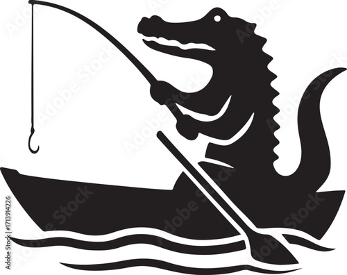 Alligator Crocodile fishing on a boat silhouette