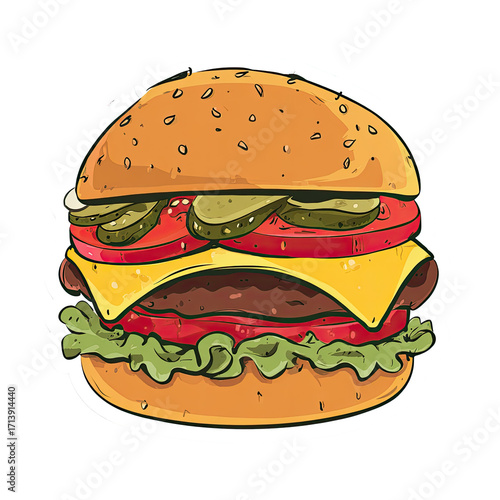Cartoon hamburger with cheese, pickles, and tomatoes