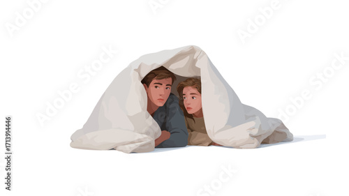 Close-up illustration depicting a boy and a girl peering from under a large, white blanket against a solid white background. The blanket drapes around them, forming a tent-like shape. 