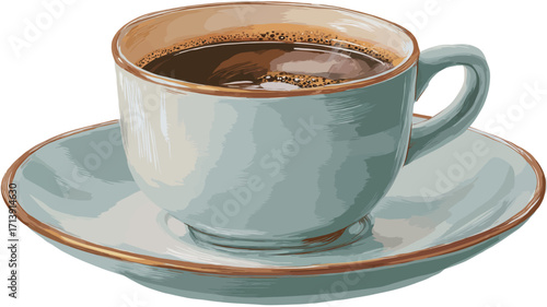 Close-up illustration of a light teal porcelain teacup and saucer containing a steaming cup of dark brown coffee. The illustration style is painterly, with visible brushstrokes and a slightly