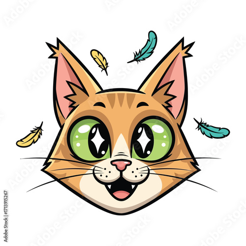 Whimsical Cat Portrait with Feathered Fantasy: A lively, cartoonish cat with sparkling eyes and a cheerful expression, encircled by a flurry of colorful feathers.